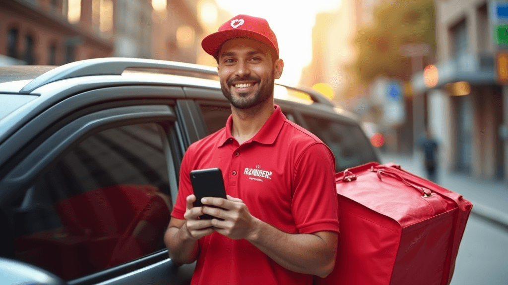 Doordash driver smiling with cellphone in hand